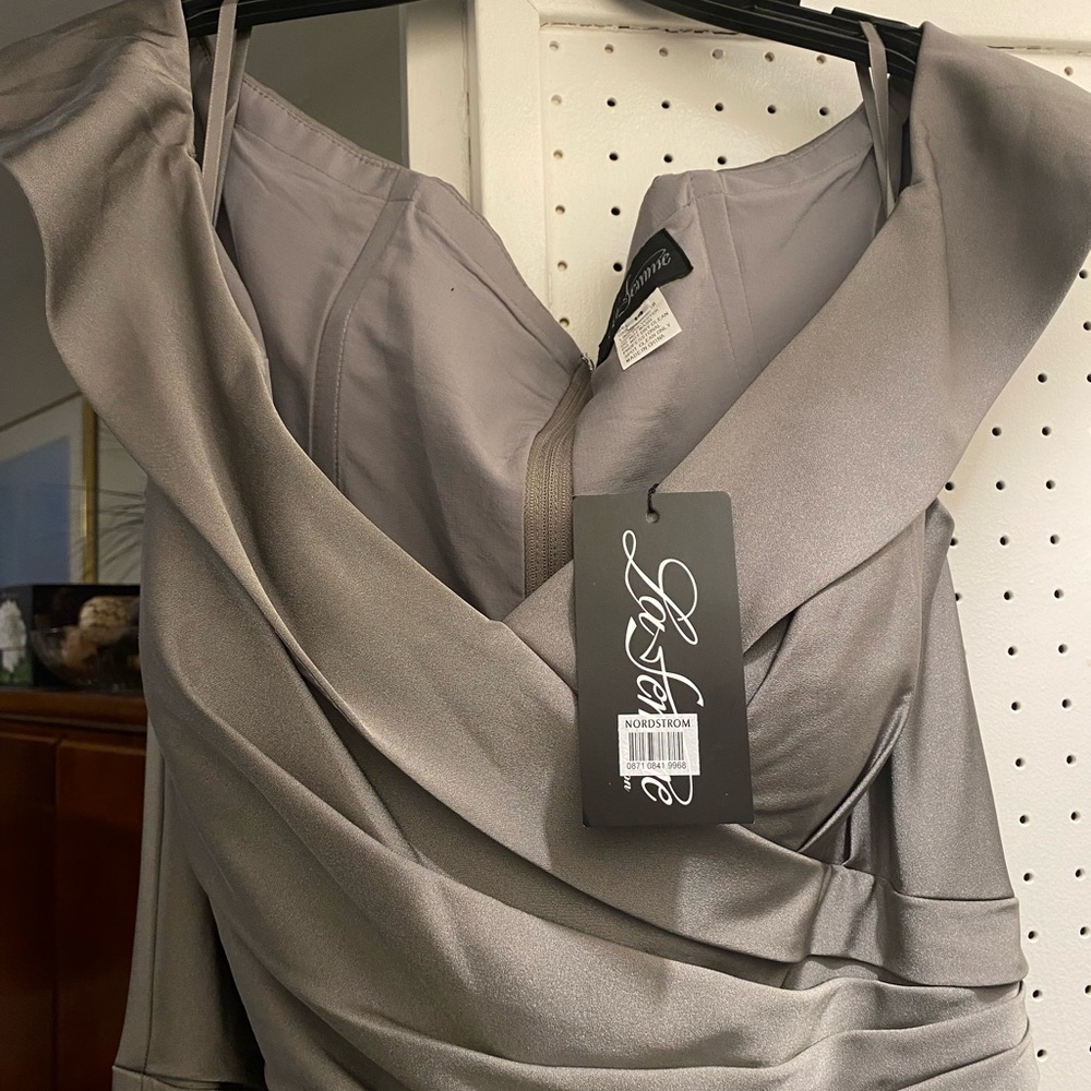 La Femme Surplice Off the Shoulder Column Gown in Pewter Size 14